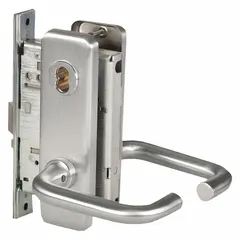 This BEST office lever lockset features a satin chromium-plated stainless steel finish with a 40H escutcheon. It is ADA compliant and includes an interchangeable core for quick rekeying. The F20 function allows key-retracted locking from the outside and free egress from the inside, suitable for commercial interior doors.