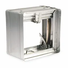 Rectangular fire damper with curtain blade type and spring closure, designed for vertical mounting. Measures 13 3/4 inches in height, width, and 3 3/4 inches in length. Constructed from galvanized steel. Used in HVAC duct systems to prevent flame and smoke spread.