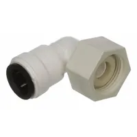 This polysulfone push-to-connect elbow fitting connects 1/2 in OD tubing to 3/4 in NPS pipe threads. The 90-degree configuration allows directional changes in fluid lines. Push-to-connect design enables tool-free installation in water, air, or chemical systems