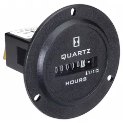 This analog hour meter from TRUMETER features a round bezel with flange mounting for front panel installation. It operates on 90-264 V AC and records elapsed time in tenth-hour increments. The NEMA 12 enclosure rating makes it suitable for indoor environments where protection against dust and light moisture is required. Typical applications include monitoring runtime on industrial machinery, generators, and pumps to track maintenance intervals.