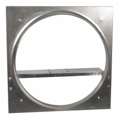 Steel venturi frame for wall-mount ventilation fans with 16-inch blade diameter. Includes slotted motor base for motor installation. Measures 18 1/2 inches by 18 1/2 inches. Used in industrial exhaust applications to mount and house the fan.