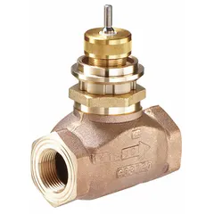 Bronze body globe valve with brass seat and stainless steel stem. 1 1/4 in female NPT connections, 18.5 CV flow capacity, stem-up-to-close action. Used for regulating water flow in hydronic heating and cooling systems.