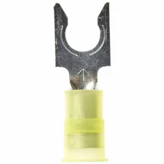 Nylon insulated locking fork terminal with insulation grip barrel, rated 600 V. Accommodates 12 AWG to 10 AWG wire and fits 1/4 in studs. Used for secure wire terminations in control panels, motor starters, and power distribution equipment.