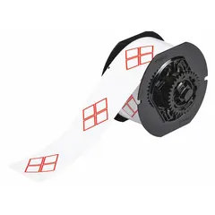 Precut label roll with red GHS/CLP 4B diamond hazard symbols printed on white polyester material. Acrylic adhesive provides bonding to surfaces. Compatible with BBP30 printer series. Used for chemical container labeling and workplace hazard communication.