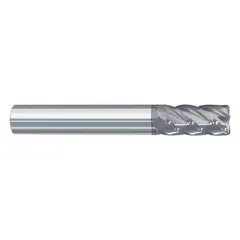 This carbide corner-radius end mill is designed for fast cutting of steel and cast iron. It features nACRo coating, 5 flutes, a 5/16" mill diameter, and a 1/2" length of cut. The corner radius geometry reduces chipping and improves tool life in high-feed roughing and finishing operations.
