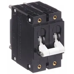 This 40 A miniature circuit breaker features toggle-style actuation and threaded insert front panel mounting. It is rated for 240/277V AC and 125V DC, with a #10-32 stud terminal connection and a depth of 2.48 in. Typical applications include overcurrent protection in industrial control panels, HVAC equipment, and power distribution systems.