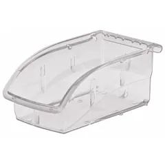 Clear plastic storage bin for organizing small parts, tools, or components in industrial workstations, warehouses, and assembly lines. Hang-and-stack design allows placement on louvered panels or shelving. Integrated label holder simplifies identification. Not electrostatic discharge conductive.