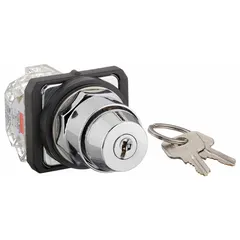 This 2-position, 30 mm panel-mounted key switch features a 1NO/1NC contact form with maintained/momentary switch action. Key removal is possible only in the right position. Suitable for industrial control applications requiring operator access restriction, such as machine start/stop, safety interlocks, or mode selection.