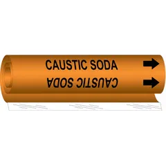 Orange wrap-around pipe marker with black legend text reading 'Caustic Soda' and directional arrows. Fits pipe outer diameters from 2-1/2 to 7-7/8 inches. Used to identify pipes carrying caustic soda in industrial piping systems, aiding in safety and process identification.