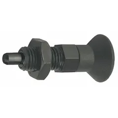 This indexing plunger features an extended pin and pull-knob operation for manual positioning and locking in jigs, fixtures, and machinery. Made of steel with a 1"-8 thread, it provides a nose force range of 20 N to 60 N. The included jam nut secures the plunger in place. Typical applications include tool changeovers, adjustable stops, and part positioning in industrial equipment.