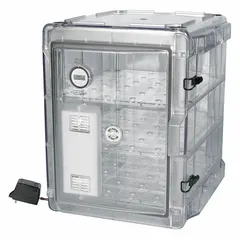 Rectangular non-vacuum desiccator cabinet with 1.6 cu ft capacity, constructed of polyester. Includes a lid for ambient-pressure dry storage of moisture-sensitive materials. Overall width 13 3/8 in.