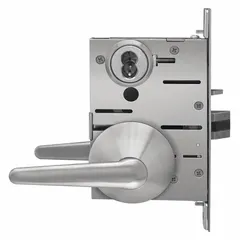 This classroom lever lockset features a satin stainless steel finish and ligature-resistant design for institutional safety. It is ADA compliant and configured with ANSI F05 function, allowing key-locking from the outside while maintaining free egress inside. Suitable for educational and healthcare facilities requiring secure yet accessible door operation.