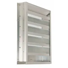 Extruded aluminum drainable stationary-blade louver with hat channel design. Recess mount configuration. Actual dimensions 23 1/2 in high by 23 1/2 in wide. Rated for maximum air velocity of 3500 fpm. Used for outdoor air intake in HVAC systems, providing weather resistance and debris exclusion.