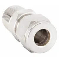 This double-ferrule compression fitting adapter connects 10 mm OD tubing to a 3/8 in male NPT threaded port. Made of stainless steel, it is used in instrumentation, chemical, and hydraulic fluid systems to create a leak-tight seal. Compatible with Let-Lok fitting brands