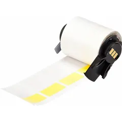 Vinyl wraparound label with matte yellow finish, sized 1 1/2 in x 1 in, for permanent identification of wires from 10 AWG to 4 AWG. Compatible with M710 printer series using M61-R4310 ribbon. Used in industrial electrical panels, cable marking, and maintenance labeling.