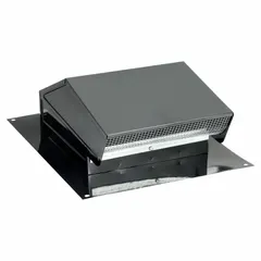 Rectangular roof cap for terminating exhaust or intake ductwork on rooftops. Constructed from 25 ga steel with a black epoxy finish. Features a press-fit connection, integrated screen, and backdraft damper.