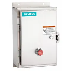 NEMA Size 1 enclosed non-reversing magnetic motor starter with electronic overload, rated 27 A, 3 poles, 24V AC coil. Includes screw terminals, one normally open auxiliary contact, and pilot light. Used for starting and stopping three-phase motors in industrial applications such as conveyors, pumps, and compressors.