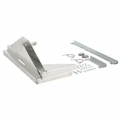Galvanized steel hinge kit for maintenance access on roof-mounted centrifugal upblast ventilators with a 42-inch square base. Includes retaining cable for safety during service. Complies with UL 762 standards.