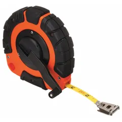Closed-reel long tape measure with a stainless steel blade, double-sided with metric and SAE graduations. Features a nonmagnetic single hook end for assisted operation. Length 100 ft / 30 m, graduations 1/8 in and 2 mm. Suitable for measuring distances in construction, surveying, and layout tasks.