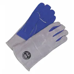Stick welding gloves with premium gray cowhide leather palm and backing, straight thumb style, and gauntlet cuff. Universal glove size, supplied as a pair (1 PR). Suitable for stick welding applications in fabrication, maintenance, and repair.