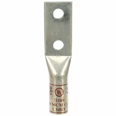Two-hole compression lug for terminating 500 kcmil stranded copper wire. Features a long copper barrel and 1/2 in stud size. No inspection hole. Used in power distribution, switchgear, and heavy machinery connections.