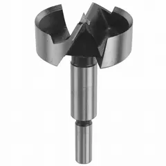 Carbon steel Forstner drill bit for cutting flat-bottomed holes in wood, plywood, and composite materials. Features a 2-1/8 in diameter and 4 in overall length with a 2-1/8 in shank. Suitable for cabinetmaking, furniture building, and joinery applications requiring clean, precise holes.