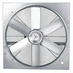 Standard direct-drive panel exhaust fan with a 24-inch blade, 1/2 hp motor, and 6,254 cfm airflow. Operates on 115/230V AC single-phase power with a totally enclosed air-over motor and Class B insulation. Features a galvanized steel frame, stamped construction, and an intake guard. Suitable for general ventilation in industrial and commercial facilities to remove heat, fumes, or stale air.