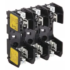 Three-pole open-design fuse block rated 250 V AC, accepting UL Class RK1 and RK5 fuses. Features box-lug terminals and non-indicating construction. Used in industrial control panels, motor branch circuits, and power distribution systems for overcurrent protection.