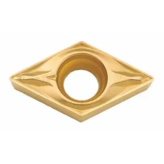 Diamond indexable turning insert for precision machining of non-ferrous materials, ceramics, and composites. Provides wear resistance and surface finish in high-speed turning applications.