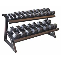 This two-tier weight storage rack organizes dumbbells in fitness facilities. With an overall height of 30 inches and width of 28 1/4 inches, it provides accessible storage while conserving floor space. Suitable for commercial or home gym settings.
