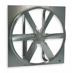 Unassembled belt-drive panel exhaust fan with 48-inch blade. Stamped steel frame with zinc-plated finish. Air flow range of 14,214 to 31,442 cfm dependent on motor. Supplied without intake guards or drive package. Suitable for high-volume ventilation in industrial facilities, warehouses, and manufacturing plants.