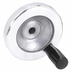 This solid hand wheel features a revolving handle for manual positioning and adjustment on industrial machinery, valves, and control panels. Constructed from aluminum with a zinc-plated finish, it has an 80 mm diameter and a 3/8 in bore, suitable for light-to-medium duty applications requiring precise hand-operated control.
