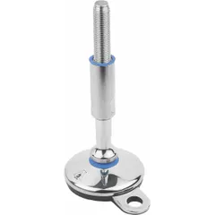 Hygienic male leveling mount with M16 thread, 80 mm length, and 20 kN load capacity. Polished finish, round base, and included mounting holes for secure installation. Used for leveling and stabilizing equipment in sanitary environments.