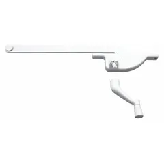 This right-hand crank window operator is designed for casement windows and mounts to the frame. It includes a handle and features a white powder-coated finish. The base length is 4 3/4 inches. Typical applications include operating casement windows in residential and commercial buildings.