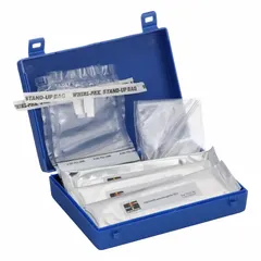 This water quality test kit detects Legionella bacteria in field settings. It includes 10 collection bags and test components for 10 tests, with a measurement range of 0 to 1 mg/L. Suitable for on-site assessment of water systems such as cooling towers and plumbing.