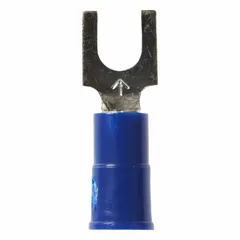 Vinyl-insulated fork terminal with brazed barrel, rated 600 V. Accepts 16 AWG to 14 AWG wire and fits #8 stud size. Used for secure, removable connections in control panels and power distribution.