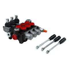 This manual spool monoblock valve is a four-way, three-position unit with a Tandem Center spool type and Spring Center To Neutral return. It features 3 spools and is used for directional control of hydraulic fluid in mobile or industrial equipment.
