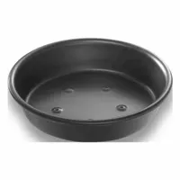 This pizza pan is made from anodized aluminum with a perforated design and uncoated finish. It measures 6 inches in overall diameter and has a 14 ga gauge. Typically used in commercial kitchens for baking and proofing pizza dough, the perforations promote even heat circulation and help produce a crispier crust