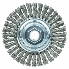 This weld-cleaning brush is designed for carbon steel applications, featuring a 4" diameter, 3/16" width, 5/8"-11 arbor, and 0.02" fill. It is used to remove slag, spatter, and oxidation from stringer beads and narrow weld grooves, preparing surfaces for inspection or subsequent passes in fabrication and structural steel work.