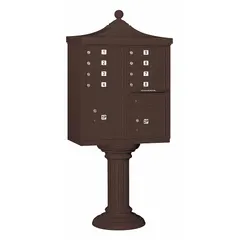 Horizontal multi-unit mailbox with 10 lockable front-access doors. Measures 71 3/4 in H x 31 in W x 18 1/2 in D. Designed for pedestal mounting in centralized mail delivery applications.
