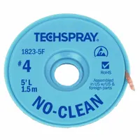 TECHSPRAY desoldering braid with no-clean flux for removing excess solder from electronic assemblies. Size #4, 0.098 in width, 5 ft length. Blue color, ESD-safe construction. Used in PCB rework and repair