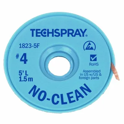 TECHSPRAY No-Clean Flux Desoldering Braid, #4, 0.098 in, 5 ft, Blue, ESD-Safe - No-Clean Flux Desoldering Braids