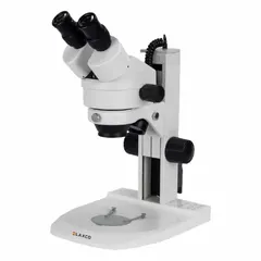 This trinocular stereo microscope offers a 7X to 45X zoom range with a 22 mm optical field of view. It features a track-style focusing system and a 100 mm working distance. The microscope is suited for inspection, assembly, and quality control tasks in industrial and laboratory environments.