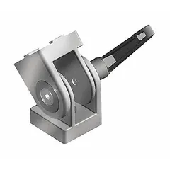 This locking-lever pivot joint connects 45 Series aluminum framing profiles at adjustable angles. It is made of aluminum with a silver finish and features a 12.5 mm mounting hole. The joint is designed for 10 mm slot width profiles and provides a rigid yet repositionable connection for structural framing applications.