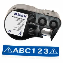 This combined label and ribbon cartridge provides a 1 in x 25 ft continuous vinyl label roll with white text on a blue background. Designed for use with the BMP53 printer series, it is suited for industrial identification, cable marking, and panel labeling applications.