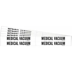 White adhesive pipe marker with black legend text reading 'Medical Vacuum'. Designed for pipe outer diameters from 3/4 to 2-3/8 inches. Pack includes 4 markers without arrows, sold in a 5-pack quantity. Used to identify medical vacuum lines in facility piping systems.