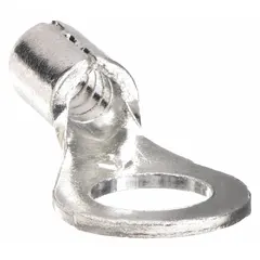 Non-insulated ring terminal for #10 stud size, accepting 16 AWG to 14 AWG wire. Rated 600 V with butted barrel and seam construction. Used for secure electrical connections in control panels, machinery, and power distribution systems.