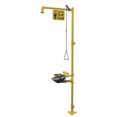 This floor-mount shower with eyewash is designed for emergency decontamination in industrial settings. It features an uncovered design with a stainless steel bowl and galvanized steel pipe, providing a durable solution for flushing hazardous substances from eyes and body.