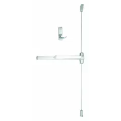 Surface-mounted vertical rod exit device with Touchbar and Dummy Pull configuration. Constructed of aluminum. Suitable for use on doors up to 3 ft wide where code-compliant emergency egress is required.