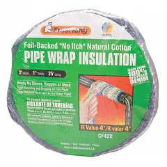 This cotton pipe wrap is 3 inches wide and 25 feet long, with a 1-inch thickness providing an R-Value of 4. Suitable for temperatures from 0°F to 250°F, it is used for thermal insulation and freeze protection on pipes in HVAC, plumbing, and industrial process lines.
